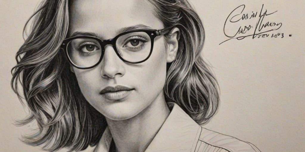 Dazzling Alicia Vikander, pencil sketch, portrait of Sublime woman 1939s in glasses, hair style beatnik, outline, clear lines, fine lines, 8k