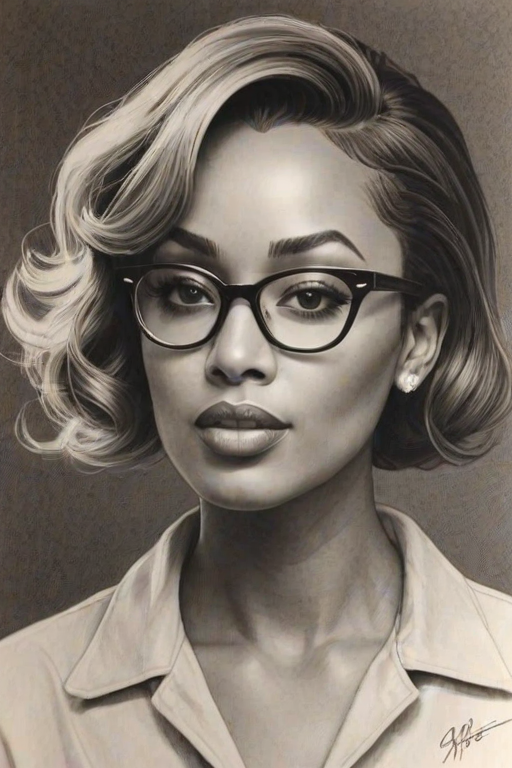 Charming Keri Hilson, pencil sketch, portrait of Pleasing woman 1958s in glasses, hair style beatnik, outline, clear lines, fine lines, 8k