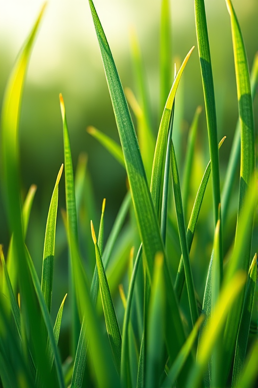 Create a detailed illustration of grass at various heights with vibrant green hues and textures, using a DSLR camera with a 50mm lens, aperture set to f/2.8, ISO 100, and a shallow depth of field for clarity, captured from a low angle view to emphasize the grass blades.