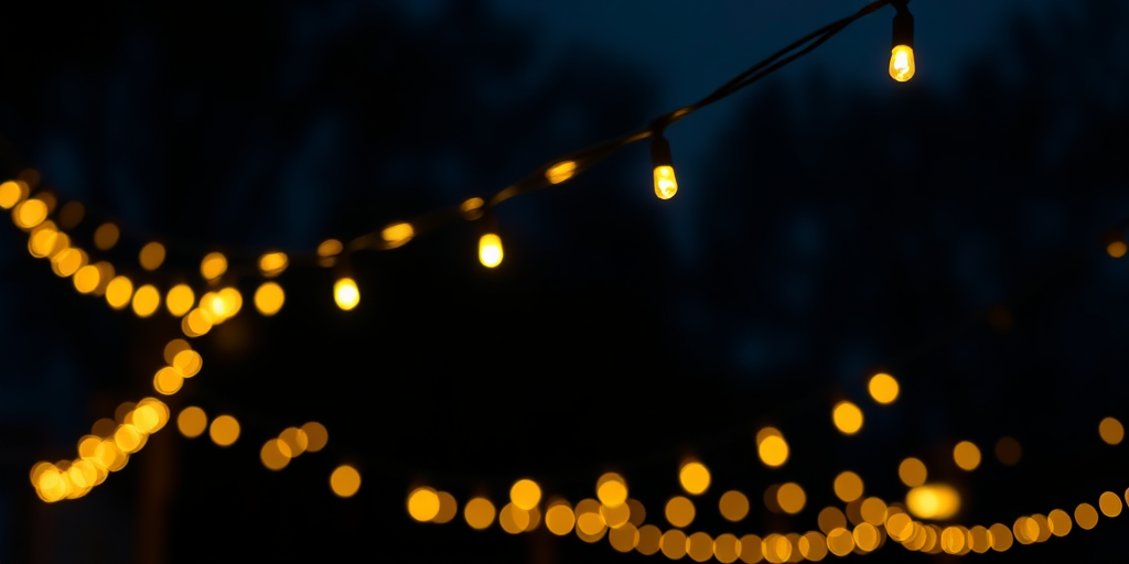 Create a high-resolution image of a nighttime scene featuring long strands of warm white string lights evenly spaced against a dark background, captured with a DSLR camera, aperture f/2.8, shutter speed 1/60 sec, ISO 800, top-down view, with soft bokeh effects for an enhanced depth of field.