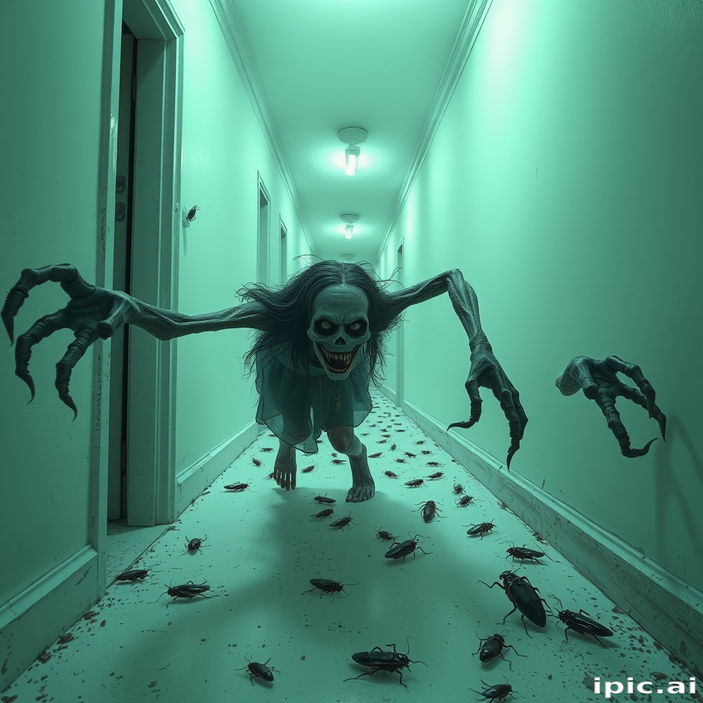 a crooked woman with long arms and a creepy smile is crawling along a long white corridor and you can also see cockroaches in it there is a creepy atmosphere creepy art style