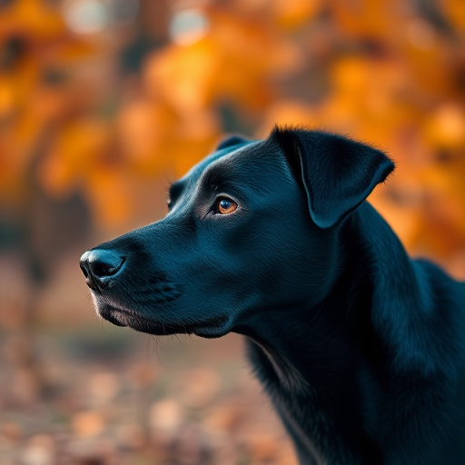 regenerate an image of a black dog looking to the side in a warm autumn setting with blurred orange and yellow leaves in the background, camera settings: f/2.8, 1/500s, ISO 200, camera view: eye-level, camera style: portrait, camera type: DSLR