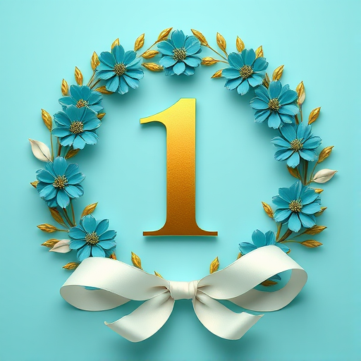 Create a visually striking emblem featuring a golden number one in the center surrounded by a floral wreath with teal flowers and elegant white ribbons on a soft turquoise background, captured with a Canon EOS R5, 85mm f/1.2 lens, aperture set to f/4, in a soft focus style to enhance details and vibrancy.