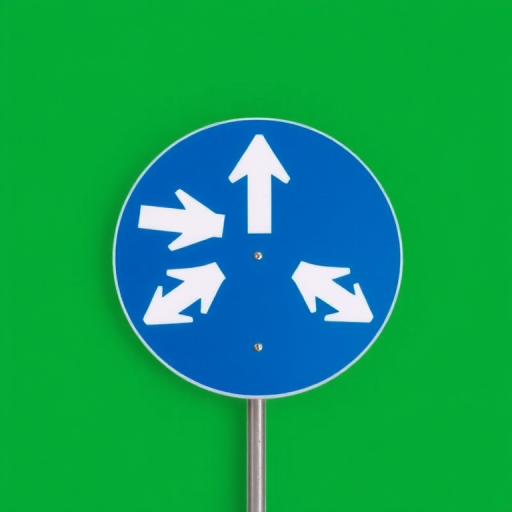 Create an image of a road sign with multiple arrows pointing in different directions on a green background, shot with a DSLR camera at f/8 aperture, ISO 100, 50mm lens, top-down view, captured in high resolution for maximum detail.