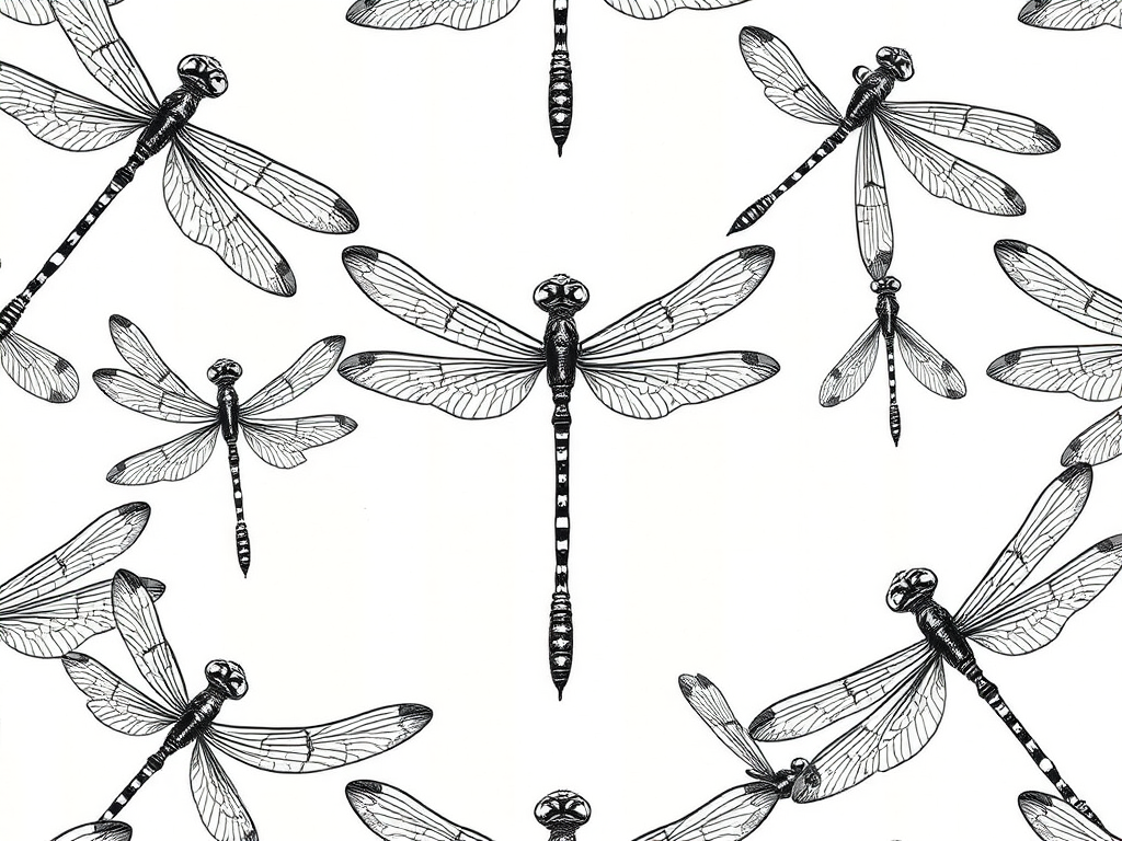 Create a seamless pattern of hand-drawn dragonflies with intricate details on a white background, use a Canon EOS R5 camera, set aperture to f/8, shutter speed of 1/250s, ISO 100, and a macro lens for enhanced clarity.