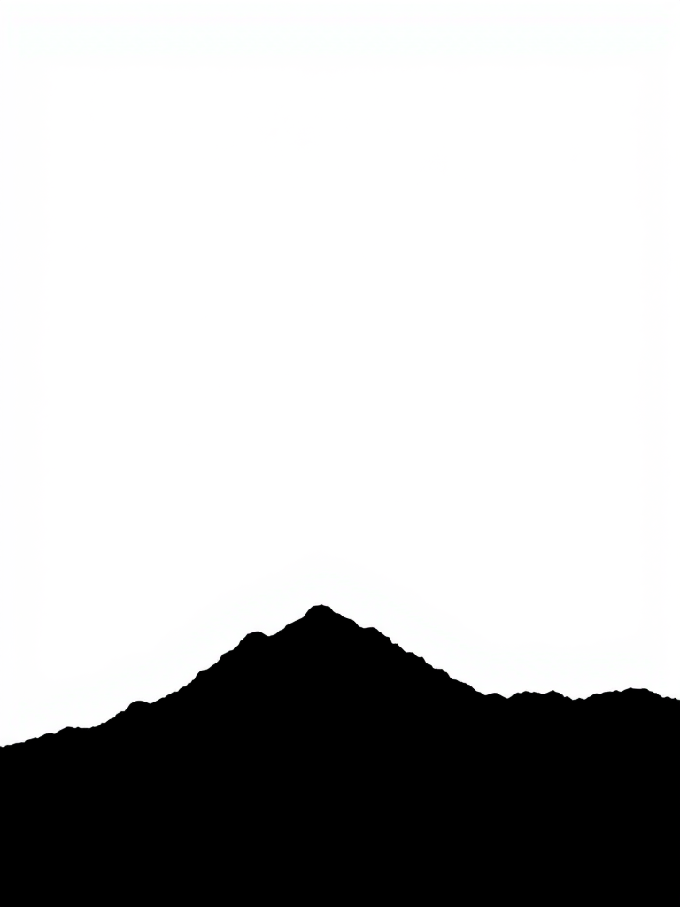 Create a high-resolution image of a minimalistic black silhouette of a mountain range against a white background, using a DSLR camera with a 50mm lens, aperture set to f/1.8, ISO 100, and a shutter speed of 1/250s to capture sharp details and smooth gradients.