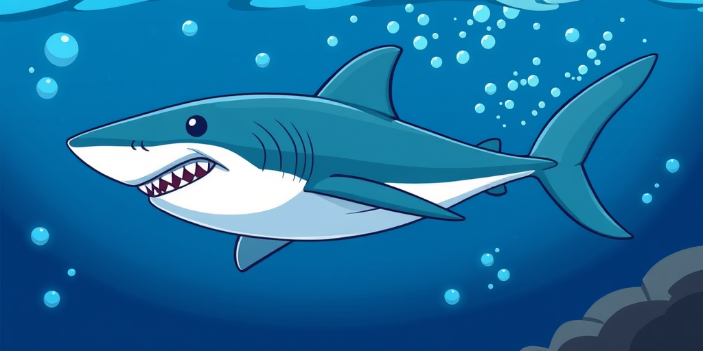 Create a high-resolution digital illustration of a stylized shark swimming in deep blue water with bubbles, using a Canon EOS 5D Mark IV, 50mm lens, f/8 aperture, ISO 100, in a vibrant, cartoonish style, with a clean background and dynamic water movement effects.