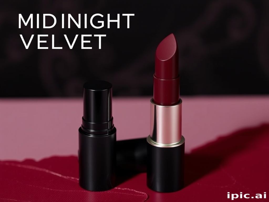 Deep burgundy matte lipstick called "Midnight Velvet," boasting a rich, velvety texture and long-lasting formula for elegant evening wear