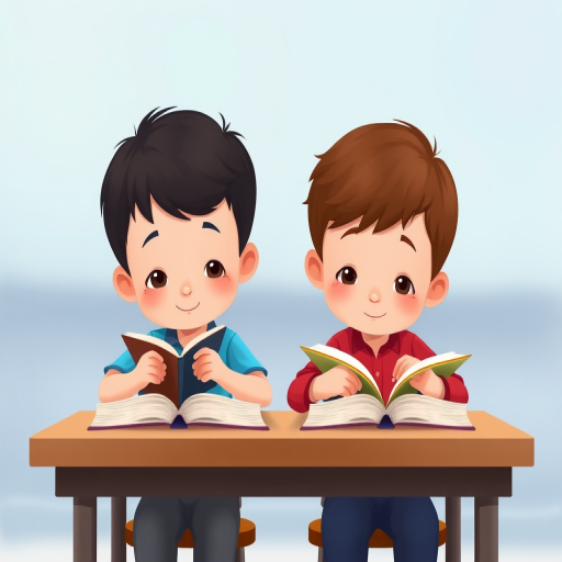 Create a digital illustration of two cartoon boys sitting at a desk, one in a blue shirt and the other in a red shirt, both intently reading books, background softly blurred with shades of blue, camera settings: ISO 100, aperture f/2.8, shutter speed 1/125, camera view: frontal angle, camera style: flat illustration, camera type: digital illustration.