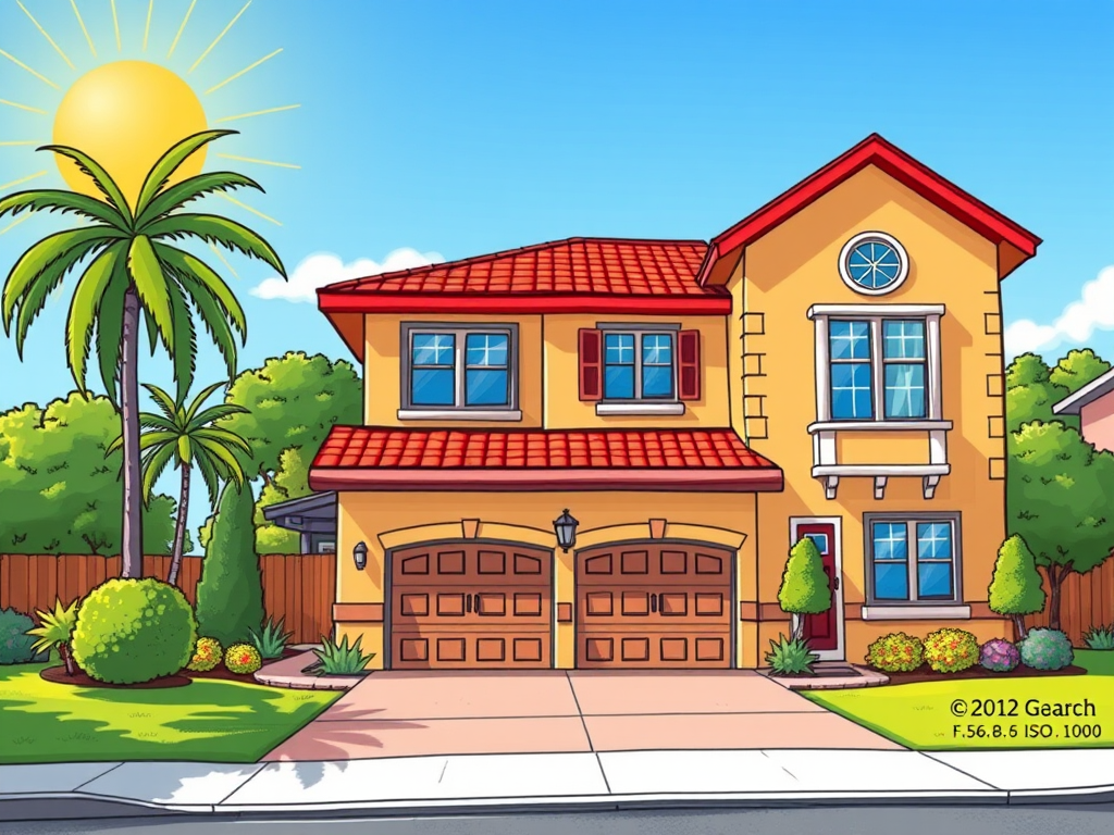 Create a colorful, cartoon-style illustration of a two-story house with a red roof and two garage doors, using a wide-angle lens at f/5.6, ISO 100, and a bright sunny background for enhanced clarity and color saturation.