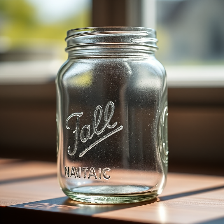 create a high-resolution image of a glass jar with a slightly reflective surface, captured in natural light using a Canon EOS R5 camera with a 50mm lens, aperture f/2.8, ISO 100, and a shallow depth of field to enhance the jar's details and create a soft background blur