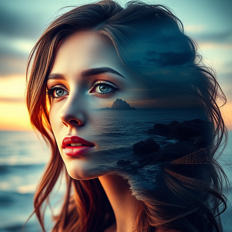 create Book cover, A surreal double exposure portrait that blends a woman's face with a beautiful seascape. The overall mood is dreamy and mystical, with rich colors and intricate details
