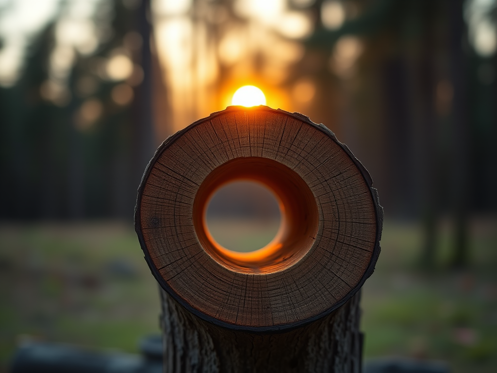 regenerate an image of a stylized log with a circular end and a rising sun in the background, using a Canon EOS 5D Mark IV, 50mm f/1.8 lens, aperture set to f/8, ISO 100, and a soft focus background to enhance the subject's clarity and warmth.