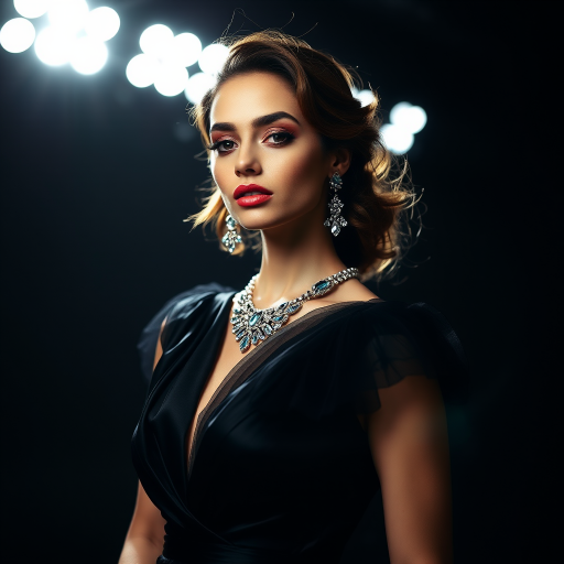 Studio portrait, female model, elegant couture dress, bold makeup, dramatic lighting, Shoot over the shoulder using a telephoto lens to focus on small details like jewelry, makeup, or fabric textures
