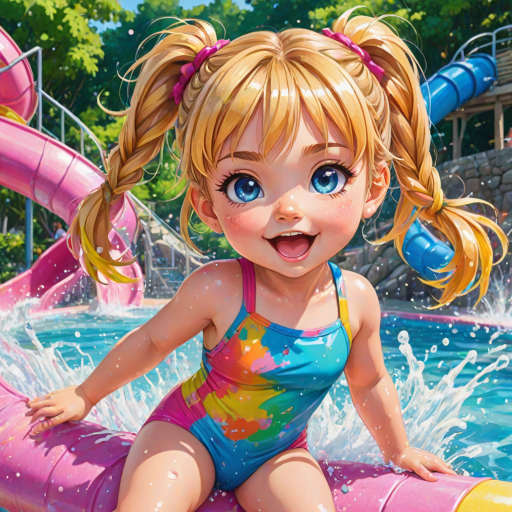A sassy caricature toddler girl with medium highlighted hair in a messy braid, light eyes, fluffy long lashes, silly funny faces, wearing a colorful swimsuit, going down a waterslide face first, lots of water, created in highlighted chalk style, vibrant colors, background is a park with acrylic paint, airbrush