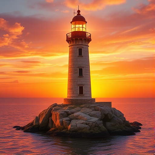 Generate an image of a tall lighthouse perched on a rocky outcrop surrounded by calm ocean waters during a breathtaking sunset. The lighthouse stands sturdy and weathered, its stone surface illuminated by the warm golden light of the setting sun. The sun's rays pass directly through the glass lantern room at the top of the lighthouse, casting a brilliant light across the scene. The sky is painted with vibrant shades of orange, pink, and purple, reflecting off the tranquil sea. The surrounding water shimmers with the same warm hues, creating a serene and majestic atmosphere.