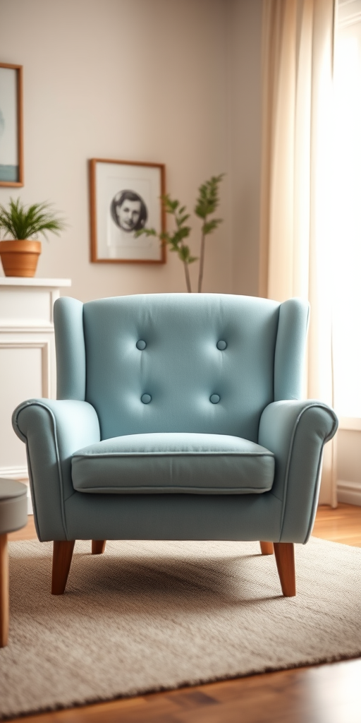 Create a cozy living room scene featuring a plush light blue chair with two buttons, using a Canon EOS R5 camera set to f/2.8, ISO 100, 50mm lens, with a shallow depth of field to blur the background and enhance the chair's color and texture, soft natural lighting to create a warm atmosphere.