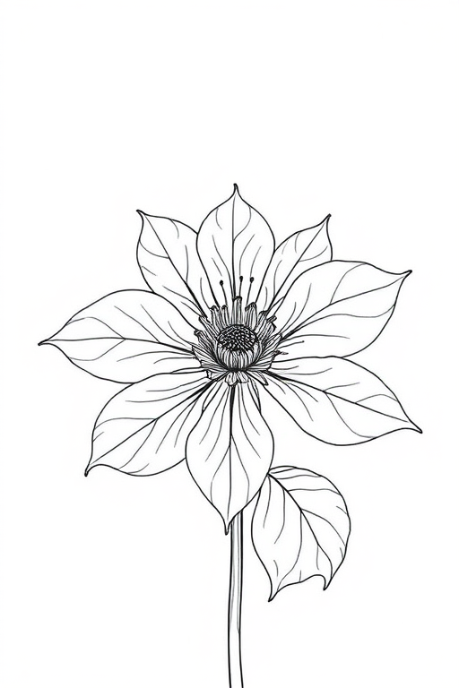 Regenerate a detailed line drawing of a clematis flower with sharp outlines and intricate details, featuring a plain white background, using a Canon EOS R5 camera, f/2.8 aperture, ISO 100, and a 50mm lens for enhanced clarity and depth.