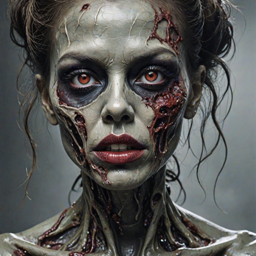 (perspective) of A creepy (ethnicity) zombie cyborg with (descriptive color) skin, (color) lipstick (color) liquid flowing from her eyes and mouth, (perspective two) portrait, (camera angle), extremely detailed, (art style) in the style of Yoshitaka Amano and Tetsuo Hara. --ar 85:128 --style raw --niji 6