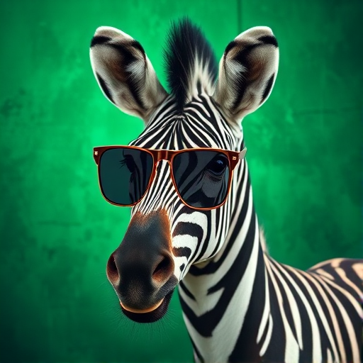 Create a digital illustration of a zebra wearing stylish sunglasses against a vibrant green textured background, using a wide-angle lens with a shallow depth of field, shot at f/2.8, ISO 100, and 1/250s exposure on a DSLR camera for enhanced image quality.