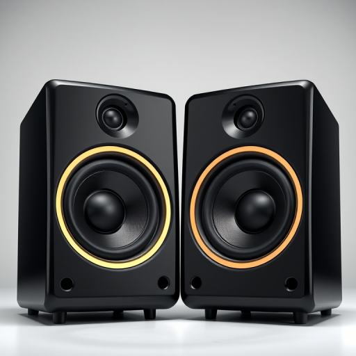 Create a high-resolution image of a pair of sleek black speakers with gold trim positioned in a dynamic angle, using a DSLR camera with a 50mm lens, aperture set to f/1.8, ISO 100, and a softbox lighting setup for even illumination.