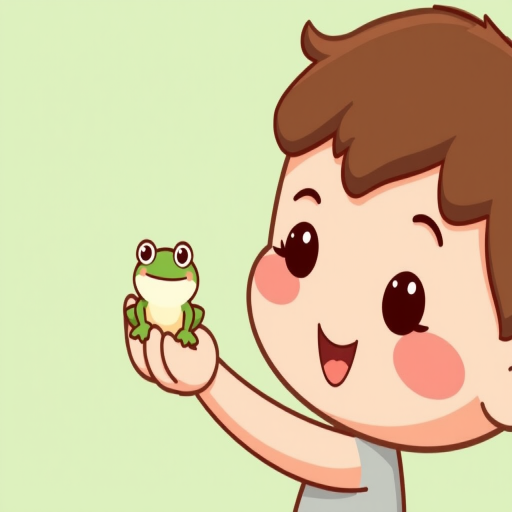 Cute cartoon character holding a small frog with a frog hat on its head against a light green background, simple and playful style.