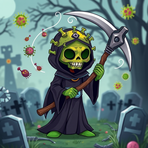 Create a cartoon-style illustration of a grim reaper character with a green, virus-like head, holding a scythe, surrounded by swirling germs, in a graveyard setting with gravestones, shot with a DSLR camera at f/11 for depth of field, ISO 100, 50mm lens, natural lighting, focus on vibrant colors and sharp details.