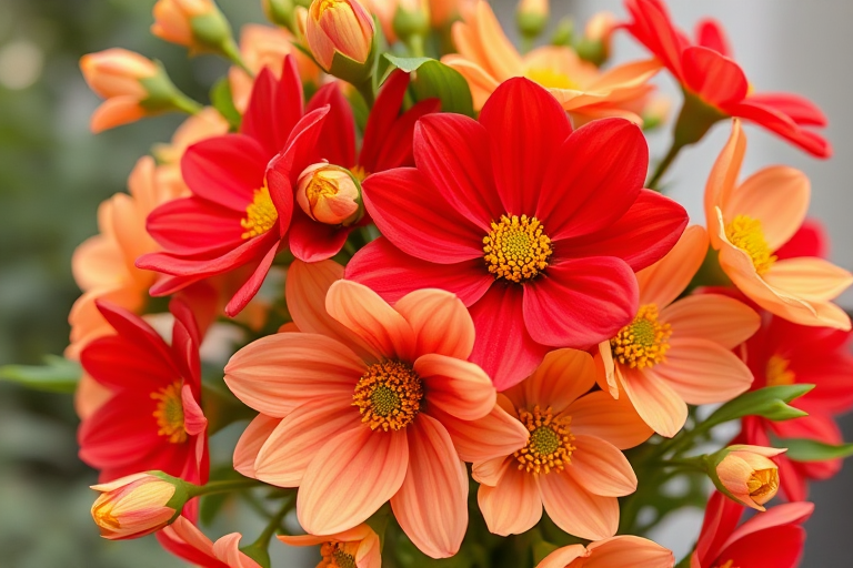 Create a vibrant illustration of a bouquet featuring red and peach flowers with yellow centers and green leaves, using a Canon EOS R5 with a 50mm lens, aperture f/2.8, ISO 100, with a shallow depth of field and soft natural lighting.