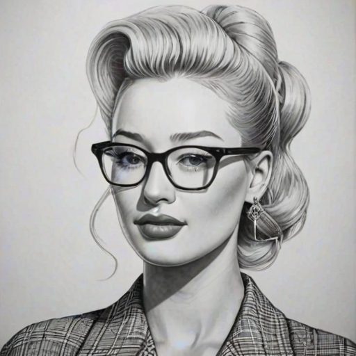 Dazzling Iggy Azalea, pencil sketch, portrait of Resplendent woman 1942s in glasses, hair style beatnik, outline, clear lines, fine lines, 8k