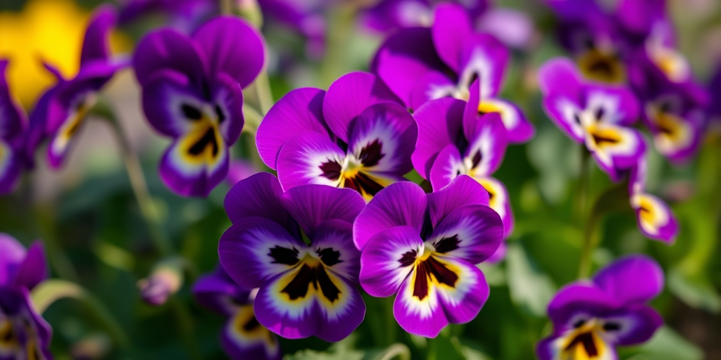 vibrant bouquet of purple pansy flowers in full bloom, taken with a Nikon D850, 50mm lens, f/2.8 aperture, ISO 100, natural light, shallow depth of field, soft focus background, high-resolution