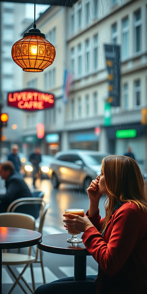 Bustling city cafe on a rainy afternoon, with soft jazz playing in the background, a woman sits by the window, sipping a latte and watching the rain streak down the glass.