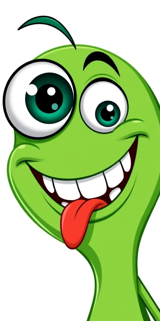 Create a vibrant cartoon character with a large single eye, a big smile showcasing teeth, and a playful expression, featuring a green body and an exaggerated red tongue, set against a white background, shot with a DSLR camera at f/2.8 aperture, ISO 100, and a focal length of 50mm for sharp details and vivid colors.