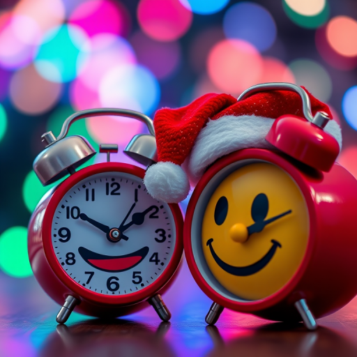 Create a high-resolution image of a smiling emoji wearing a Christmas hat next to a red alarm clock, with a blurred bokeh background featuring multicolored lights, shot with a Canon EOS R5 at f/1.8, 1/100s, ISO 200, 50mm lens, using macro photography style.