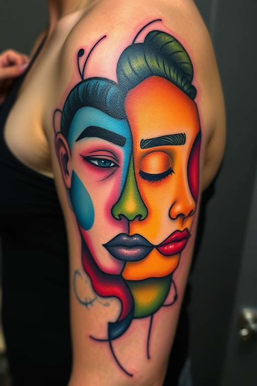 Avant-garde tattoo named "Abstract Emotions" using unconventional color combinations and fluid shapes to represent different human emotions in a non-figurative way