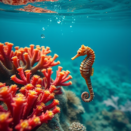 Create an underwater scene featuring vibrant corals and a seahorse, with a smooth water surface reflecting light, using a DSLR camera with a 50mm lens, f/2.8 aperture, ISO 100, in natural light, focusing on a close-up view to capture the details of the water droplets and coral textures.