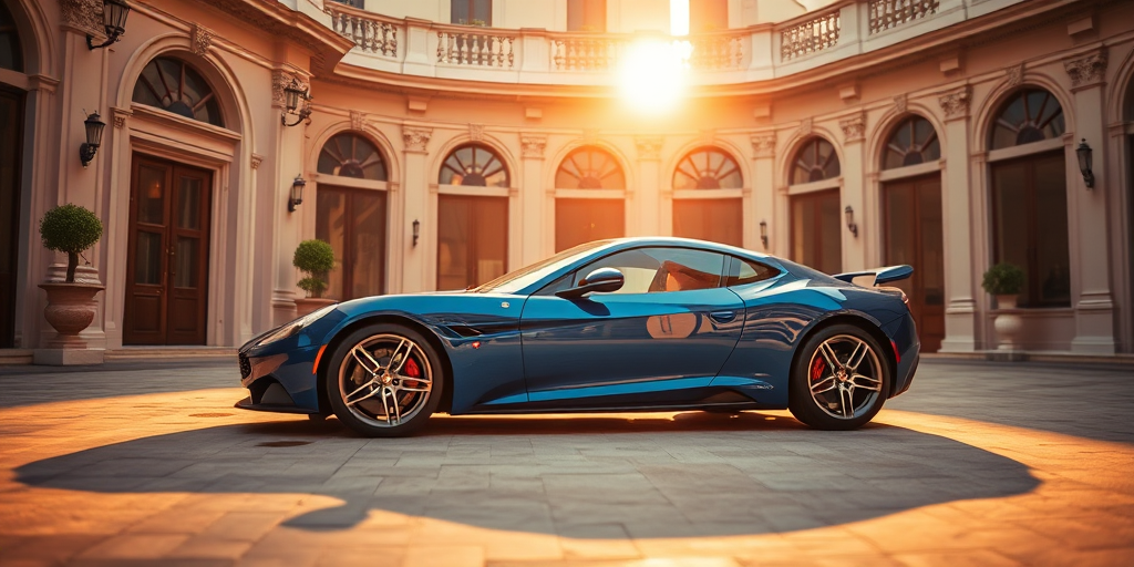 photograph of a blue luxury sports car parked in an ornate courtyard, soft golden hour sunlight, camera settings: f/2.8 aperture, ISO 100, 1/200 sec shutter speed, wide-angle lens, DSLR camera, high dynamic range, shallow depth of field, focus on the car with a blurred background