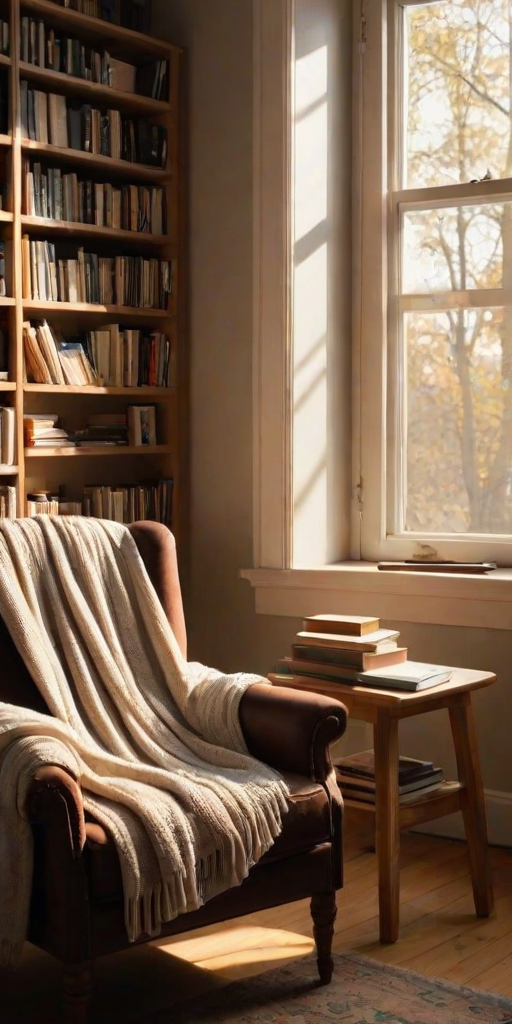 Warmly lit photo of a reading nook with a comfy chair, soft blankets draped over it, and a stack of books, with gentle sunlight streaming through a nearby window.