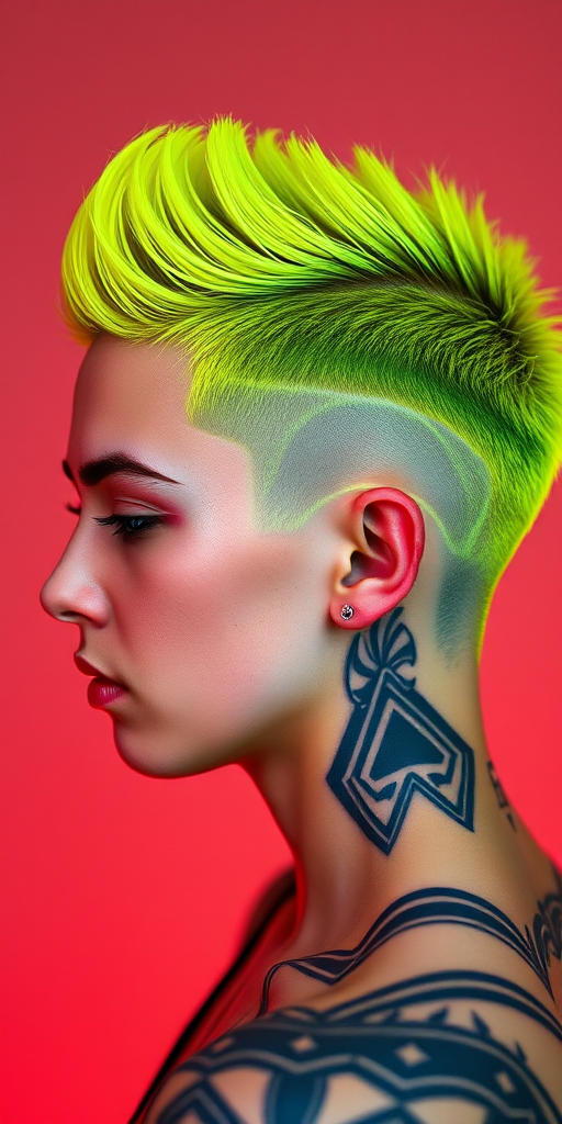 Edgy portrait highlights Electric Neon undercut, vibrant yellow-green short hair on top with shaved sides featuring intricate geometric patterns