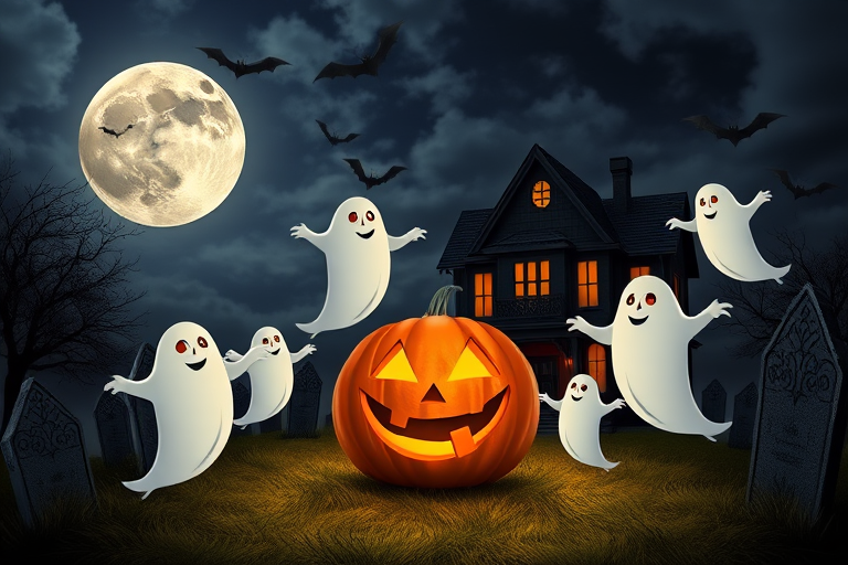 Create a spooky Halloween scene featuring playful ghosts floating around a glowing jack-o-lantern with a haunted house in the background under a full moon and dark, cloudy sky. Include bats flying in the night sky and a graveyard with tombstones scattered around.