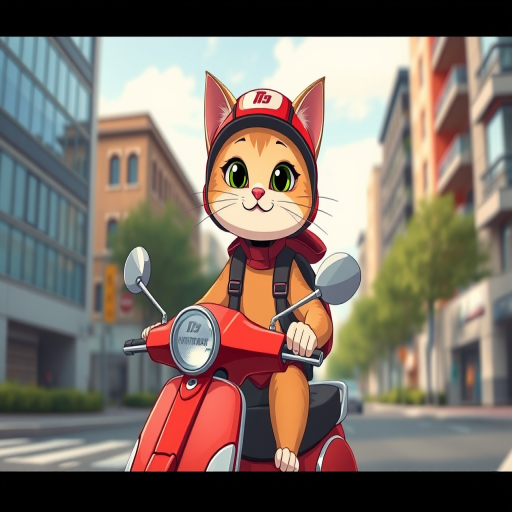 Create an illustration of a cartoon cat wearing a helmet and a backpack riding a red scooter in an urban setting with buildings in the background, captured using a DSLR camera with a 50mm lens, f/1.8 aperture, ISO 100, and a shallow depth of field for enhanced detail in the cat and a softly blurred background.