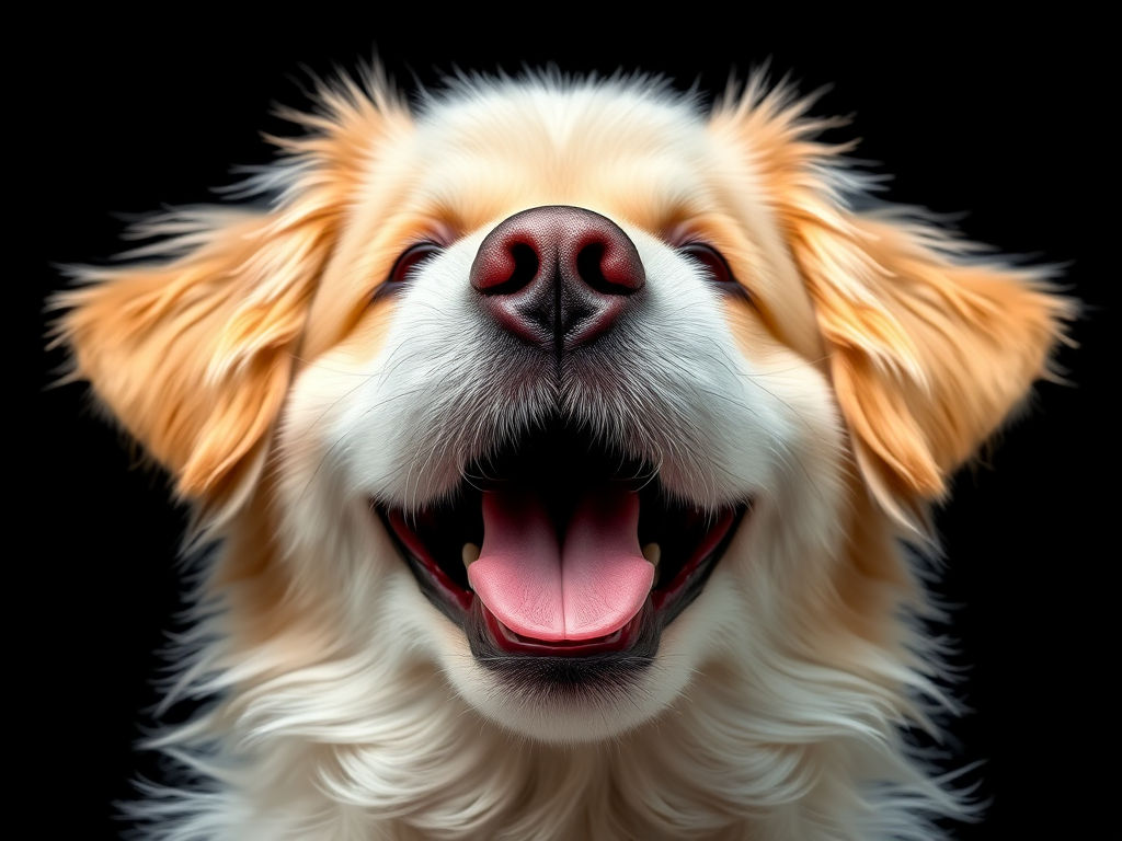 Create a high-resolution digital illustration of a happy dog with fluffy fur and a joyful expression, using a Canon EOS R5 camera with a 50mm f/1.2 lens, shot from a close-up perspective, in vibrant colors and sharp details against a solid black background.