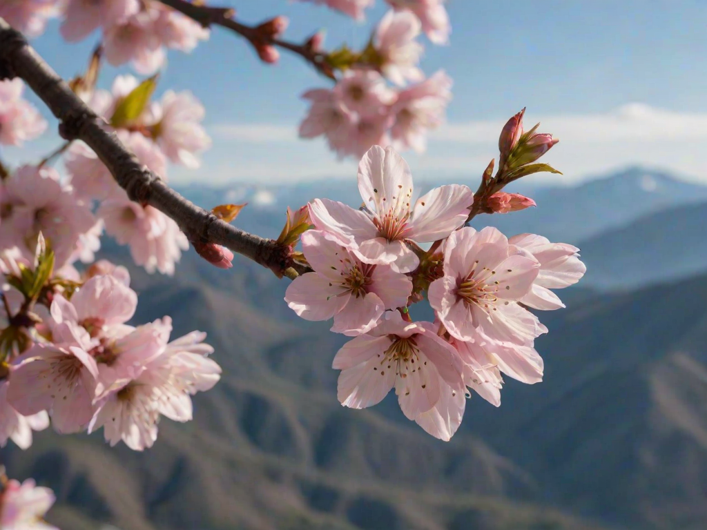 Softly focused close-up of a cherry blossom branch in full bloom, delicate pink petals catching soft morning light, with a vibrant blue sky and distant mountains blending into the background.