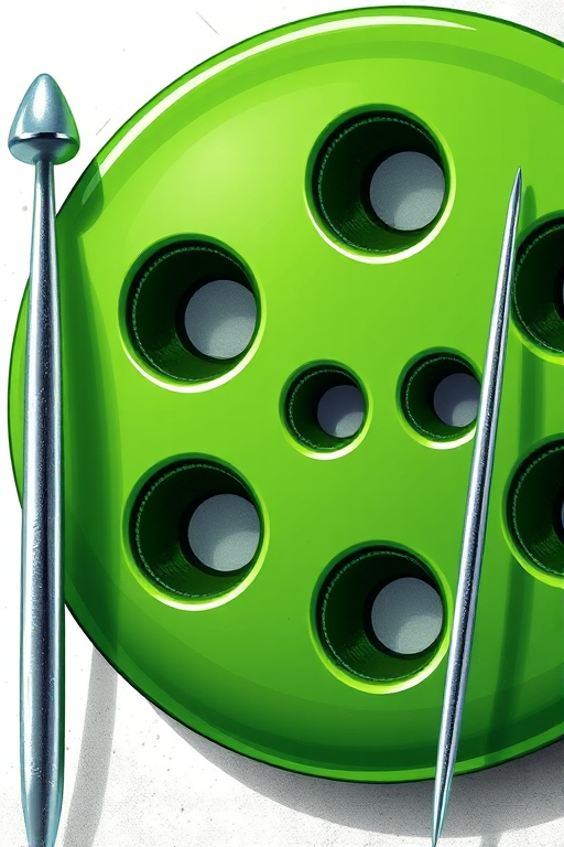 Create an illustration of a large green button with four holes next to a shiny silver sewing needle, high-resolution, 50mm lens, f/8 aperture, natural lighting, focus on the button with a blurred background, digital art style.