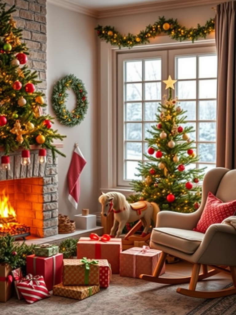 Create a cozy Christmas scene featuring a decorated evergreen tree, a fireplace with a warm fire, colorful wrapped gifts, a rocking horse, and a comfortable armchair by a window showing a snowy landscape, shot with a DSLR camera at 50mm focal length, f/2.8 aperture, ISO 100, in natural light for enhanced clarity and depth.