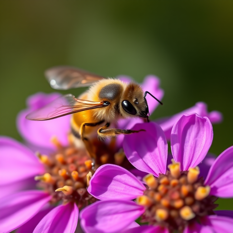 Close-up of a bee pollinating vibrant purple flowers with soft blurred background, ISO 200, f/8 aperture, 1/200 sec shutter speed, macro lens, natural light, DSLR camera, shallow depth of field.