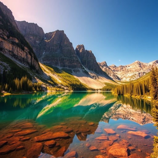 Capture a vibrant landscape of rugged mountains and lush green forests reflected in a serene lake under a bright blue sky, using a DSLR camera with a 24mm lens, aperture set to f/8, ISO 100, and a shutter speed of 1/200s for sharp detail and rich colors.
