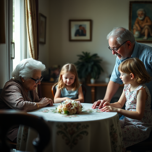 capture an intimate indoor scene of an elderly woman and a man engaging with a young girl around a table with a floral design, natural soft light from a nearby window, 50mm lens, aperture f/2.8, ISO 400, shallow depth of field to emphasize the subjects while softly blurring the background