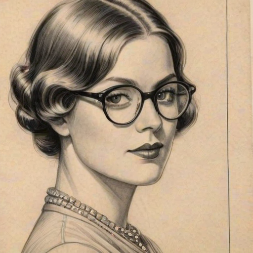 Graceful Catherine Curtin, pencil sketch, portrait of Elegant woman 1920s in glasses, hair style beatnik, outline, clear lines, fine lines, 8k