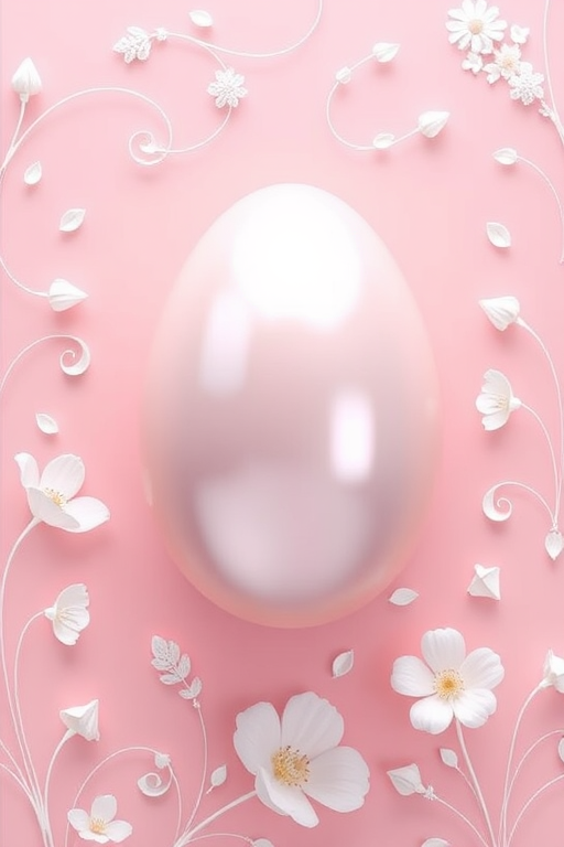Create a high-resolution digital Easter card featuring a large, shiny egg in the center with a soft reflection, surrounded by delicate white floral swirls and patterns on a pastel pink background, using an aperture of f/4 for sharp details, ISO 100 for clarity, and a 50mm lens for a shallow depth of field, capturing the image with a DSLR camera.