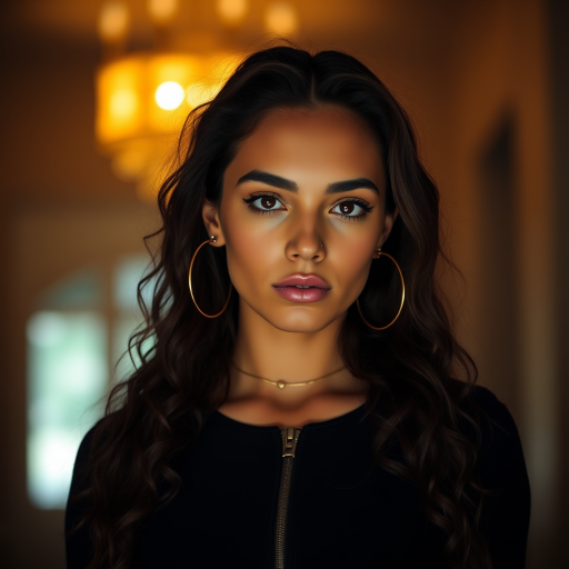 A young woman with long, curly brown hair is looking directly at the viewer. She is wearing a black top with a zipper down the front. The setting is a dimly lit interior space, with a warm, golden light emanating from the background. Her expression is neutral, with a hint of seriousness. The image is a close-up portrait with a shallow depth of field, focusing on the woman's face and torso. The background is blurred, creating a soft and intimate atmosphere.  She is wearing large gold hoop earrings, and a small gold chain is visible around her neck.  Her makeup is natural and simple, highlighting her brown eyes. The lighting creates subtle shadows that accentuate her features.  Her skin is smooth and glows in the soft light. The composition is balanced, with the woman's face positioned in the center of the frame.  The image is focused on capturing her beauty and confidence.